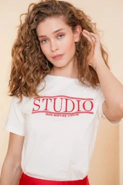 Tops & T-shirts*Geisha Fashion Geisha Dames Basic T-shirt Met Tekst 42635-24 off-white