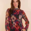 Tops & T-shirts*Geisha Fashion Geisha Dames Bloemenprint Top Met Glitter 43663-20 blue