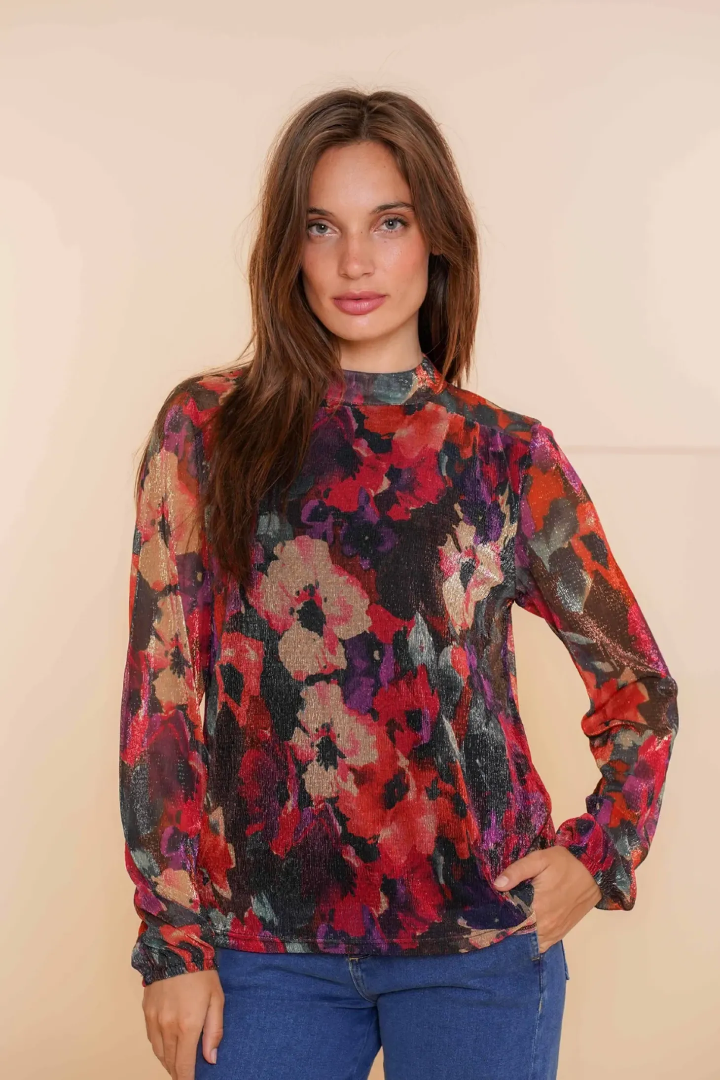 Tops & T-shirts*Geisha Fashion Geisha Dames Bloemenprint Top Met Glitter 43663-20 blue