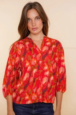 Blouses*Geisha Fashion Geisha Dames Blouse Met 3/4 Mouwen 43705-20 rood