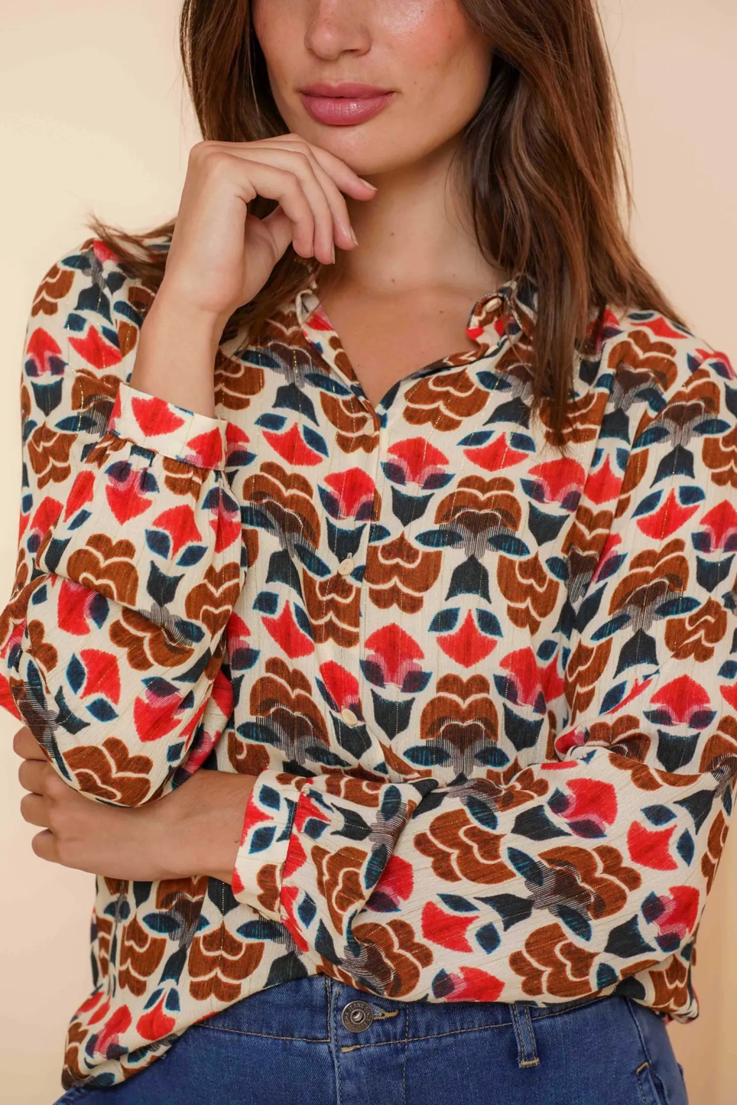 Blouses*Geisha Fashion Geisha Dames Blouse Met Grafische Print 43680-20 blue