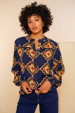 Blouses*Geisha Fashion Geisha Dames Blouse Met Print 43683-20 blue