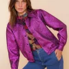 Tops & T-shirts*Geisha Fashion Geisha Dames Bomberjasje Met Metalic Look 43684-20 fuchsia
