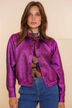 Tops & T-shirts*Geisha Fashion Geisha Dames Bomberjasje Met Metalic Look 43684-20 fuchsia