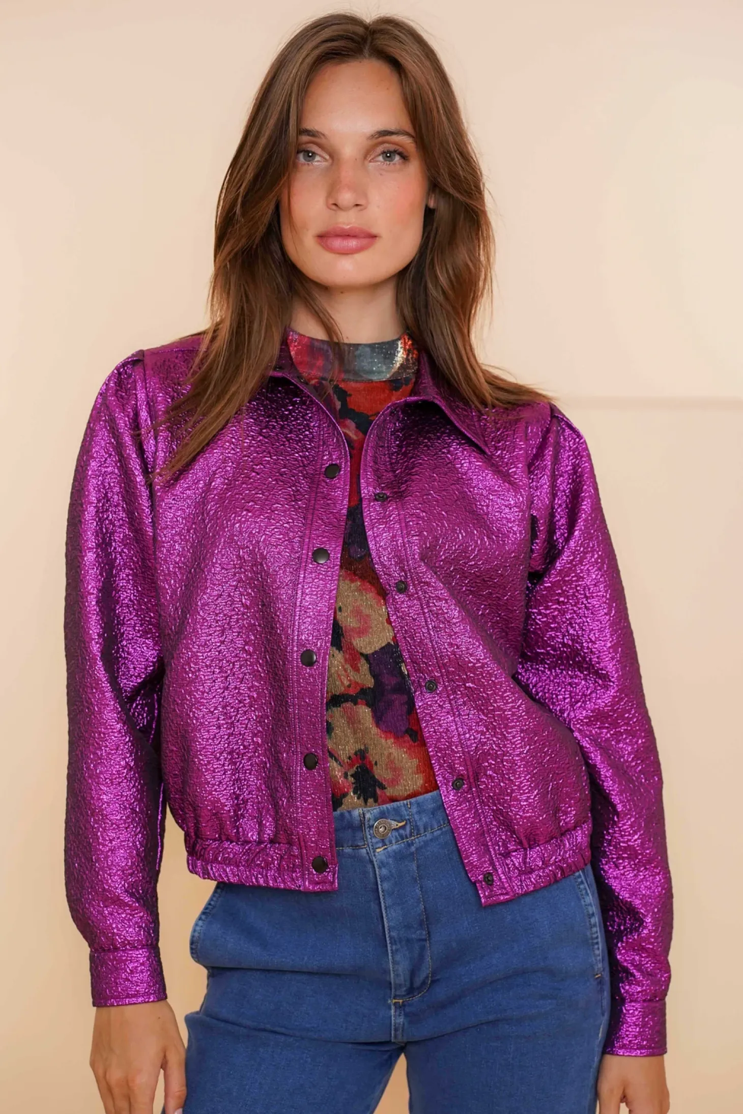 Tops & T-shirts*Geisha Fashion Geisha Dames Bomberjasje Met Metalic Look 43684-20 fuchsia
