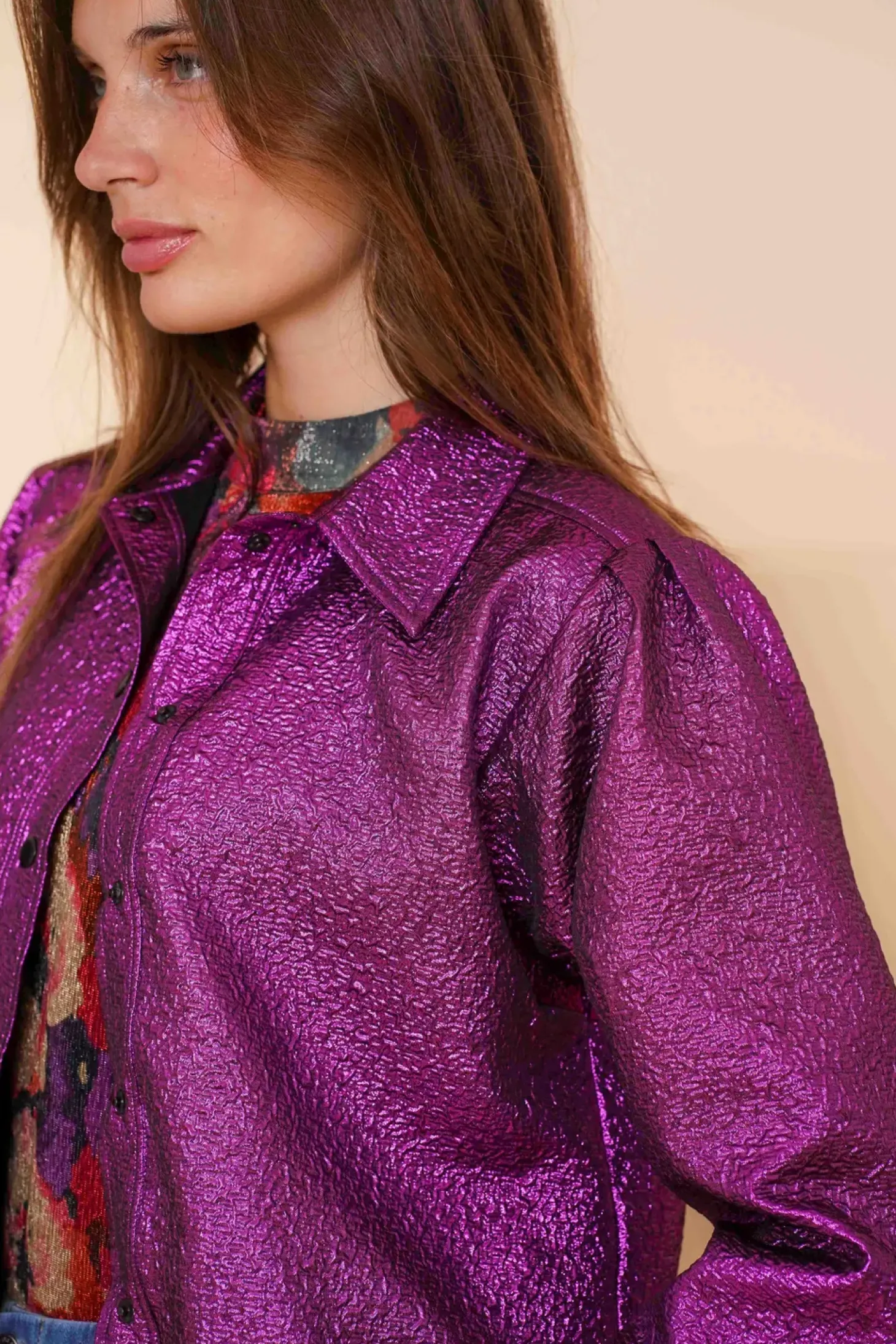 Tops & T-shirts*Geisha Fashion Geisha Dames Bomberjasje Met Metalic Look 43684-20 fuchsia