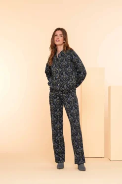 Broeken*Geisha Fashion Geisha Dames Flare Broek Met Print 41674-20 zwart