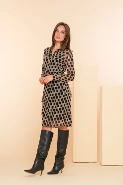 Jurken & Jumpsuits*Geisha Fashion Geisha Dames Grafische Jurk Met Ceintuur 47580-14 zwart