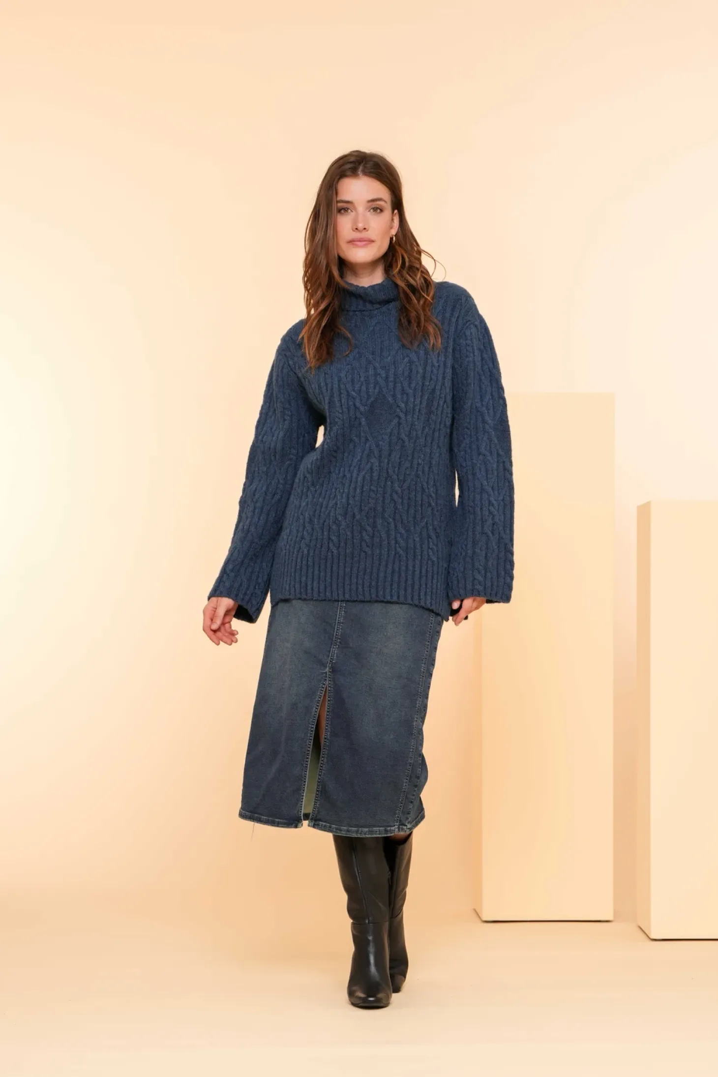 Truien & Vesten*Geisha Fashion Geisha Dames Kabeltrui Met Col 44593-43 petrol