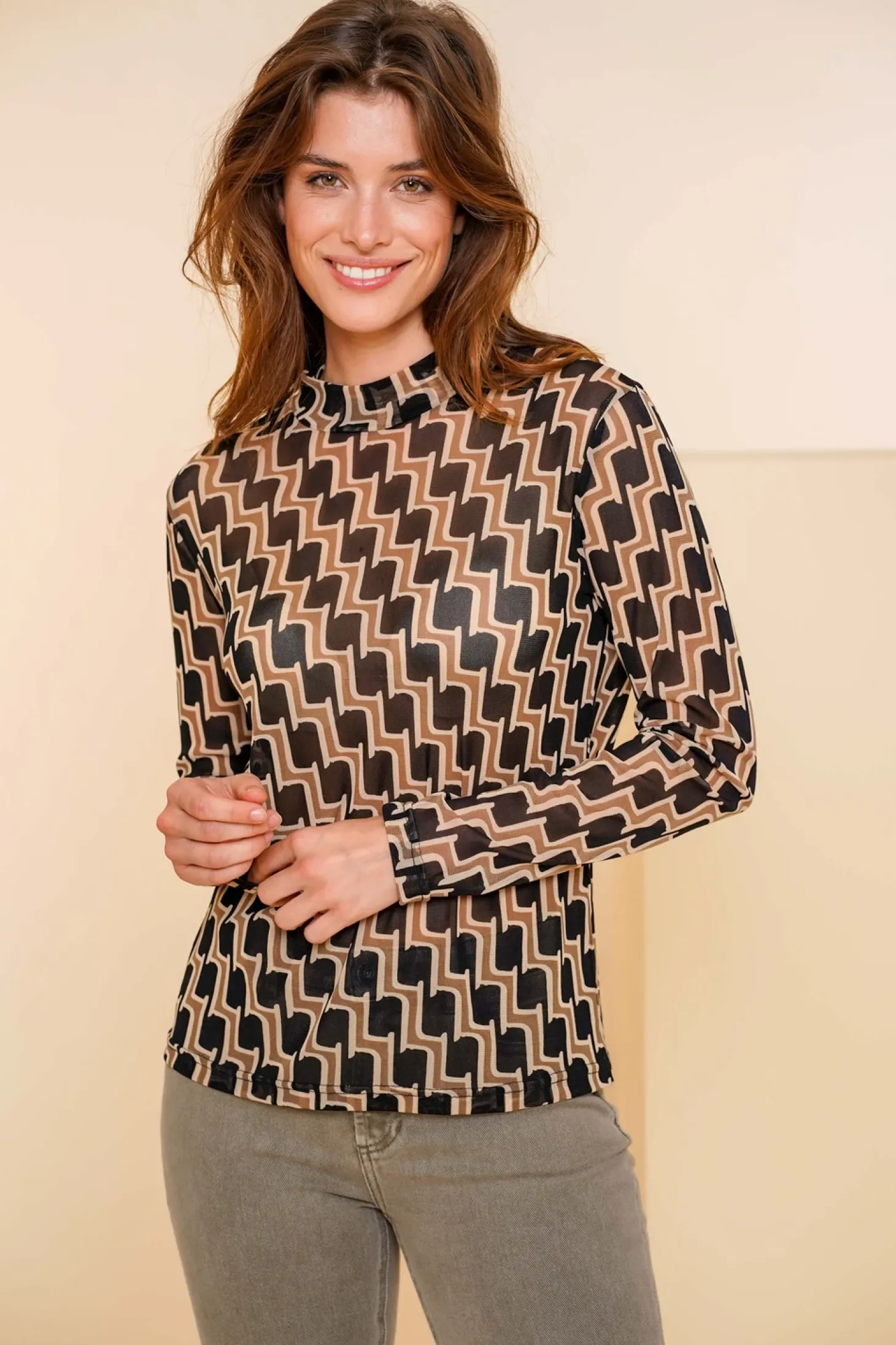 Tops & T-shirts*Geisha Fashion Geisha Dames Mesh Top Met Print 42530-14 zwart