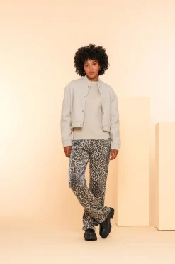 Broeken*Geisha Fashion Geisha Dames Mid Rise Broek Met Panterprint 41663-20 grijs