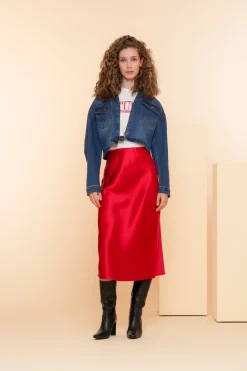 Rokken*Geisha Fashion Geisha Dames Satijnen Look Midi Rok 46513-10 rood