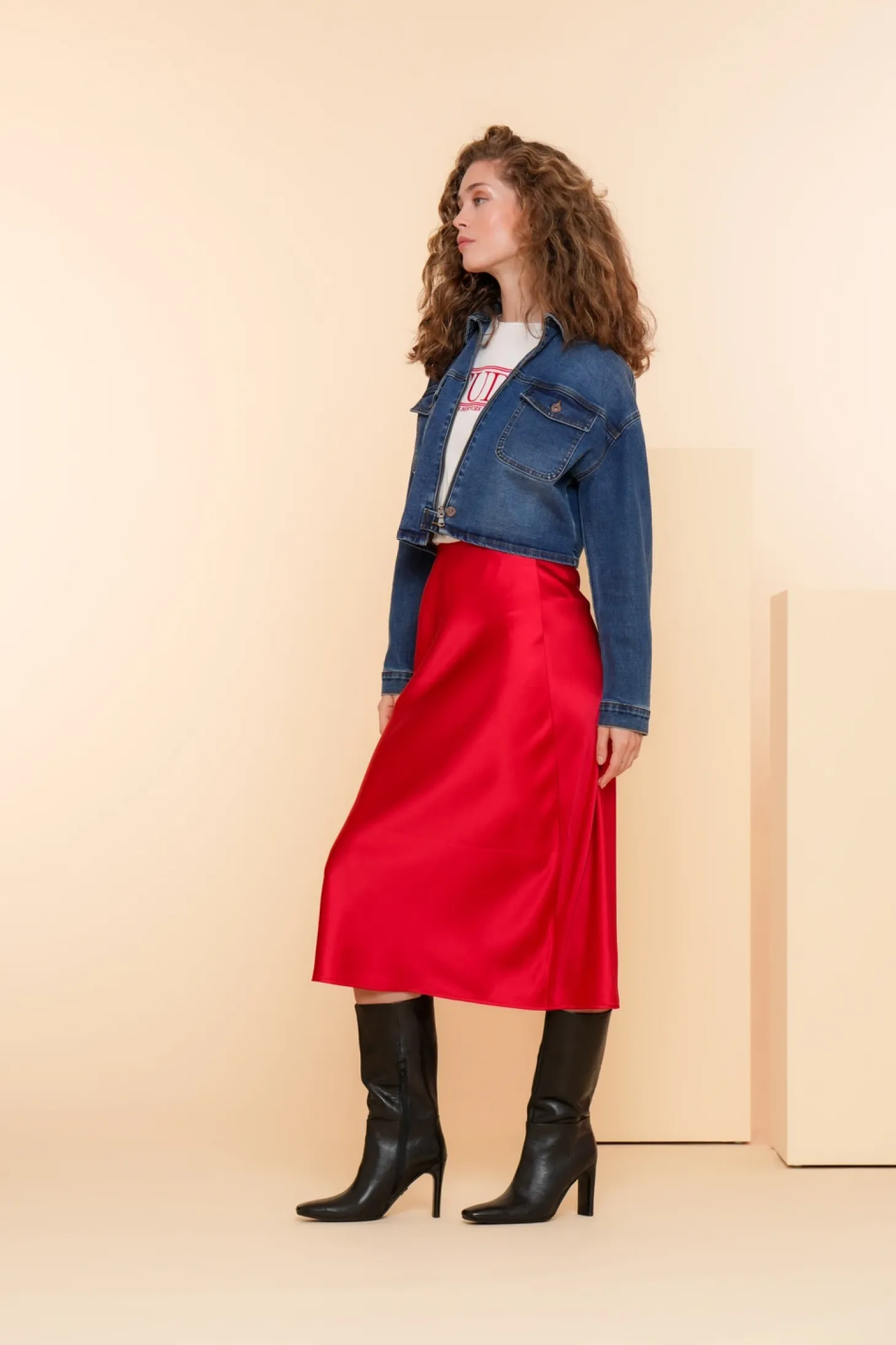 Rokken*Geisha Fashion Geisha Dames Satijnen Look Midi Rok 46513-10 rood