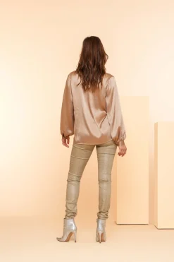 Tops & T-shirts*Geisha Fashion Geisha Dames Satin Top Met V-hals 43540-14 sand