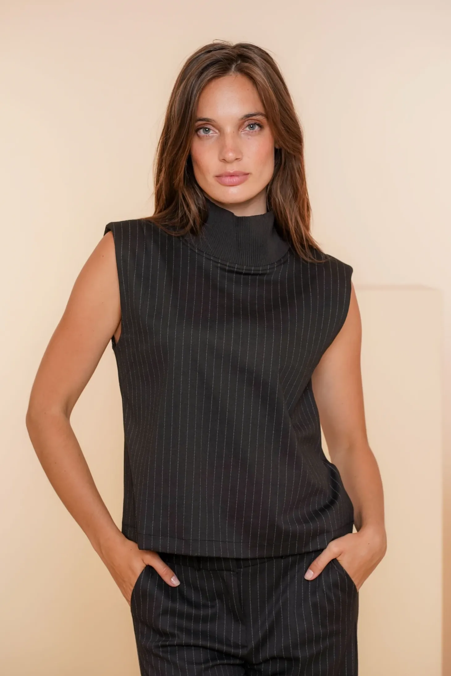Tops & T-shirts*Geisha Fashion Geisha Dames Top Met Pinstripe 43675-20 zwart