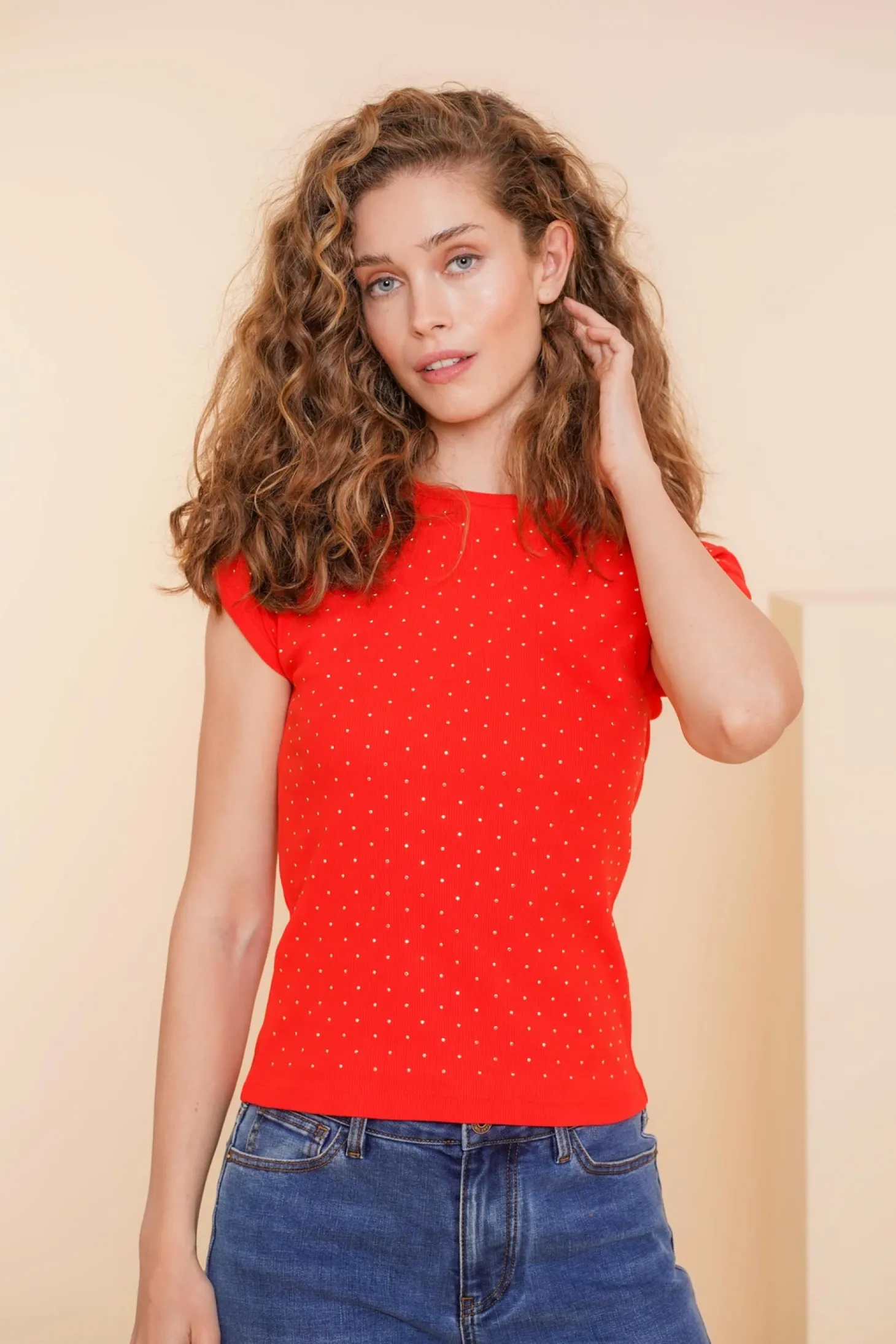 Tops & T-shirts*Geisha Fashion Geisha Dames T-shirt Met Studs 42607-41 rood