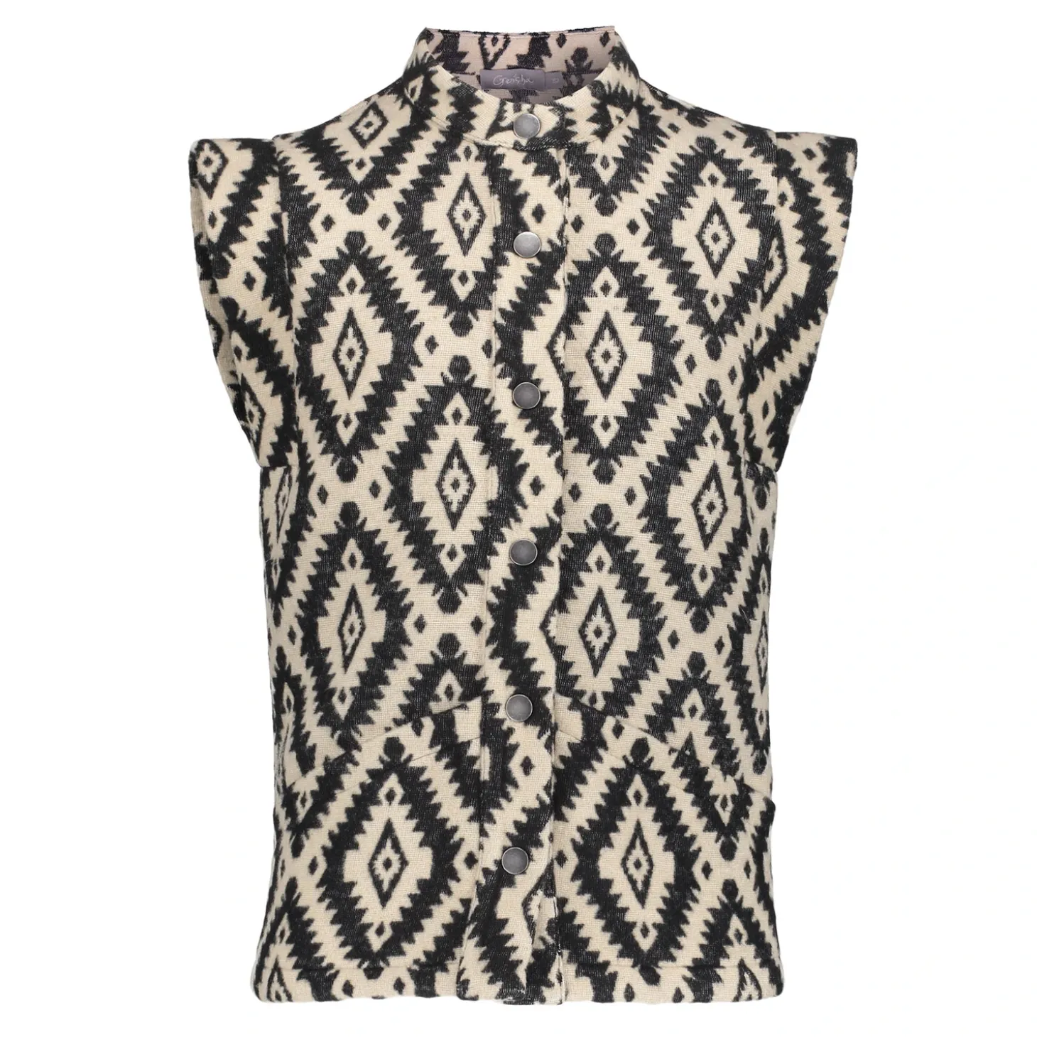 Truien & Vesten*Geisha Fashion Geisha Girls Gilet Met Ikat Print 45585K-21 zwart