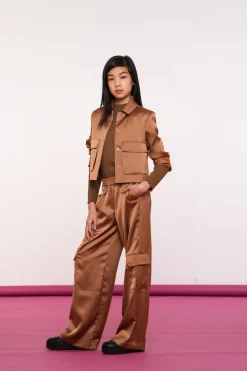 Broeken*Geisha Fashion Geisha Girls Satin Pantalon Met Cargo Zakken 41593K-21 bronze