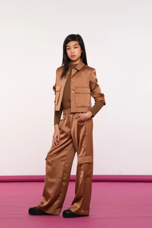 Broeken*Geisha Fashion Geisha Girls Satin Pantalon Met Cargo Zakken 41593K-21 bronze